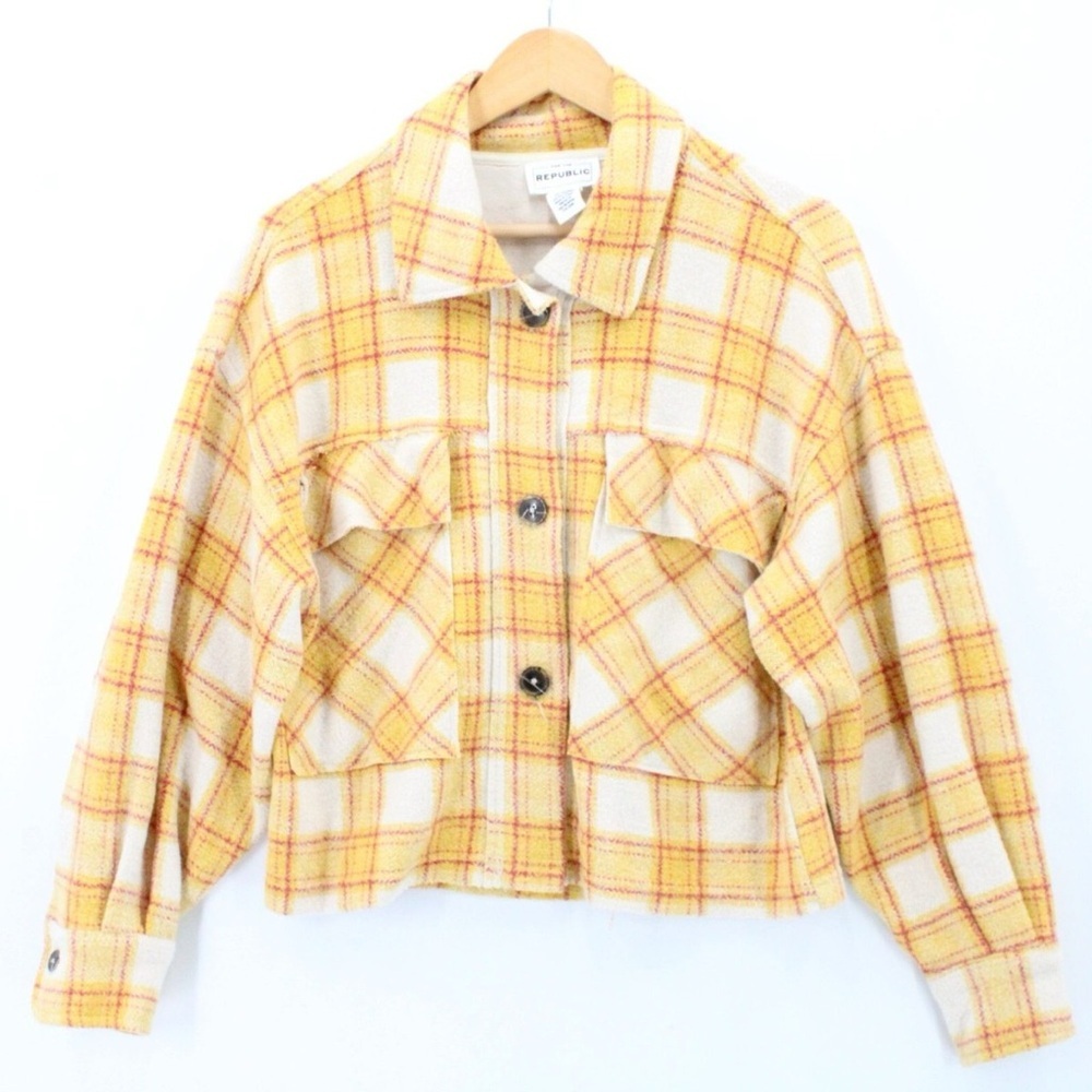 FOR THE REPUBLIC | Jacket Womens Yellow Tweed Plaid Button Front Cotton